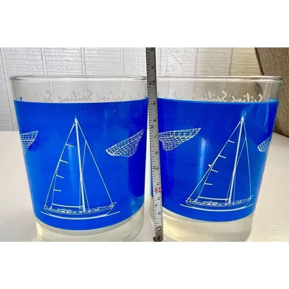 2 Sailboat Sailing Rocks Glasses Blue Nautical Glass Tumblers W Hull Diagram - Picture 3 of 5
